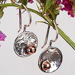 Abstract Taxco Sterling Silver and Copper Drop Earrings, 'Celestial Center'