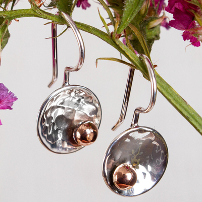Sterling silver and copper drop earrings, 'Celestial Center' - Abstract Taxco Sterling Silver and Copper Drop Earrings