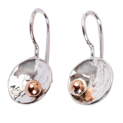 Sterling silver and copper drop earrings, 'Celestial Center' - Abstract Taxco Sterling Silver and Copper Drop Earrings