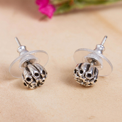 Sterling silver stud earrings, 'Lotus Blossom Pod' - Floral Taxco Sterling Silver Stud Earrings from Mexico