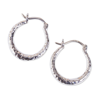 Sterling silver hoop earrings, 'Rings of Freedom' - Hammered Taxco Sterling Silver Hoop Earrings from Mexico