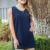 Cotton long A-line tank, 'Simple Breeze in Navy' - Cotton Gauze A-Line Tank in Solid Navy from Mexico