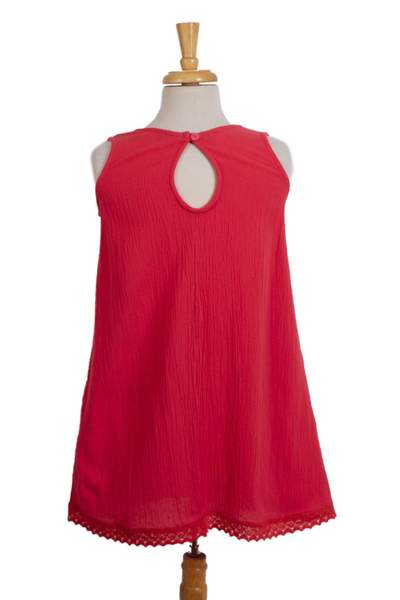 Cotton long A-line tank, 'Simple Breeze in Crimson' - Cotton Gauze Long A-Line Tank in Solid Crimson from Mexico