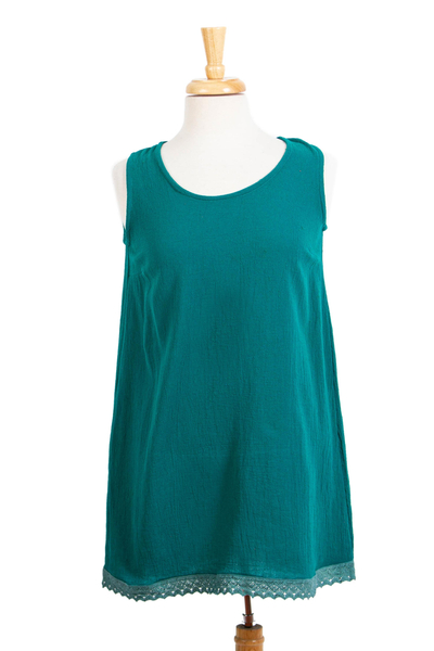 Camiseta sin mangas larga de algodón - Camiseta sin mangas larga evasé de gasa de algodón en verde azulado sólido de México