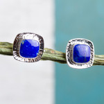 Lapis lazuli button earrings, 'Watery Reflection' - Square Lapis Lazuli Button Earrings from Mexico
