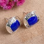 Lapis lazuli button earrings, 'Watery Reflection' - Square Lapis Lazuli Button Earrings from Mexico