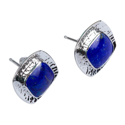 Lapis lazuli button earrings, 'Watery Reflection' - Square Lapis Lazuli Button Earrings from Mexico