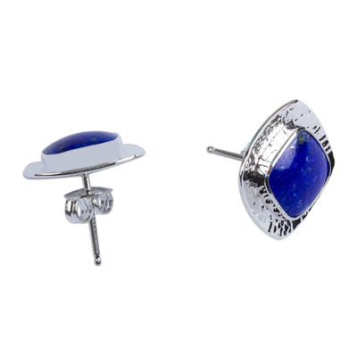Lapis lazuli button earrings, 'Watery Reflection' - Square Lapis Lazuli Button Earrings from Mexico
