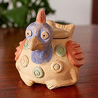 Ceramic jar, 'Colorful Hen' - Rustic Ceramic Hen Jar Crafted in Mexico