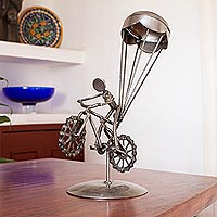 Recycled metal auto part sculpture, 'Floating Bicycle'