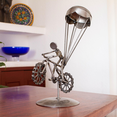 Upcycled metal auto part sculpture, 'Floating Bicycle' - Whimsical Upcycled Metal Auto Part Sculpture from Mexico