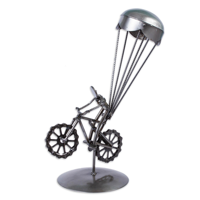 Recycled metal auto part sculpture, 'Floating Bicycle' - Whimsical Recycled Metal Auto Part Sculpture from Mexico