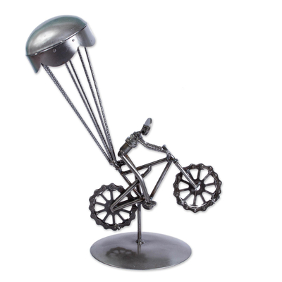 Upcycled metal auto part sculpture, 'Floating Bicycle' - Whimsical Upcycled Metal Auto Part Sculpture from Mexico