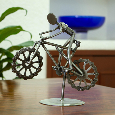 Recycled metal auto part sculpture, 'Boy on a Bike' - Bicycle-Themed Recycled Metal Auto Part Sculpture