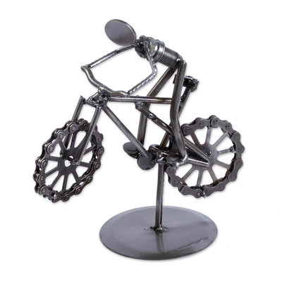 Recycled metal auto part sculpture, 'Boy on a Bike' - Bicycle-Themed Recycled Metal Auto Part Sculpture