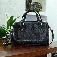 Leather handbag, 'Black Garden' - Floral and Leaf Pattern Black Leather Handbag from Mexico