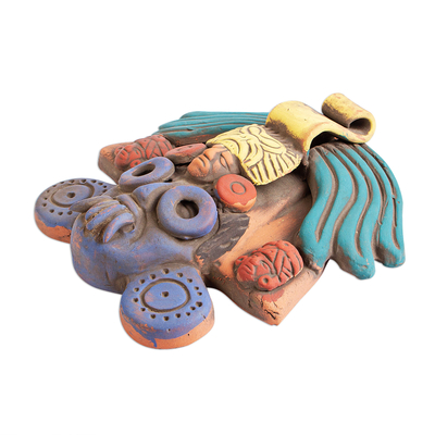 Ceramic mask, 'Colorful Ah Puch' - Ah Puch Ceramic Wall Mask Crafted in Mexico