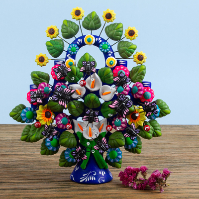 Escultura de cerámica, 'Florid Cuernavaca' - Escultura floral del árbol de la vida en cerámica de México
