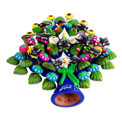 Escultura de cerámica, 'Florid Cuernavaca' - Escultura floral del árbol de la vida en cerámica de México