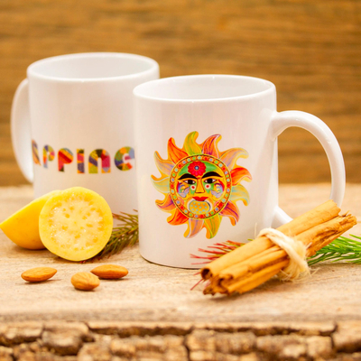 Ceramic mug, 'Happiness' - Painted Folk Art Sun Ceramic Mug from Mexico