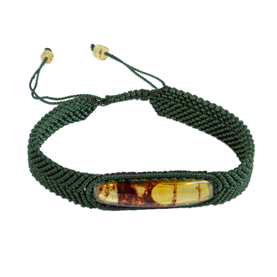 Amber wristband bracelet, 'Age-Old Elegance in Viridian' - Amber Wristband Bracelet with Viridian Cord from Mexico