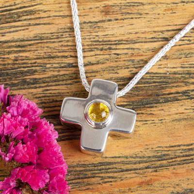 Amber pendant necklace, 'Cross of Antiquity' - Natural Amber Cross Pendant Necklace from Mexico