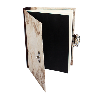 Recycled paper journal, 'Marbled Veins' - Suede Accented Recycled Amate Paper Journal in Beige