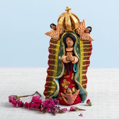 Ceramic sculpture, 'Angelic Guadalupe' - Angel-Themed Ceramic Mary Sculpture from Mexico