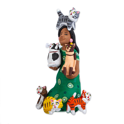 Ceramic sculpture, 'Woman with Cats in Green' - Ceramic Cat Woman Sculpture in Green from Mexico
