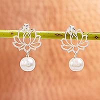 Cultured pearl dangle earrings, 'Glowing Lotus Charm'