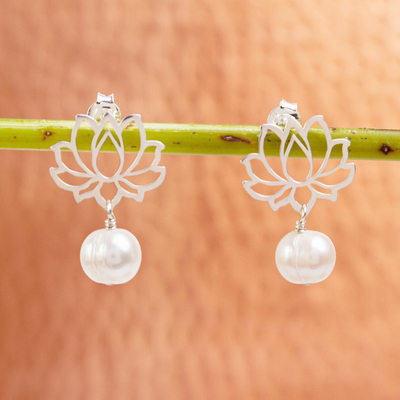 Cultured pearl dangle earrings, Glowing Lotus Charm
