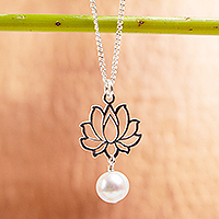 Cultured pearl pendant necklace, 'Glowing Lotus Charm'