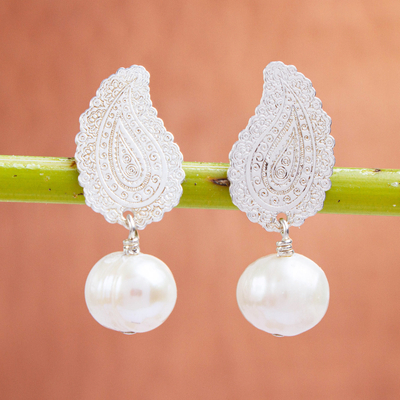 Cultured pearl dangle earrings, Glowing Paisley