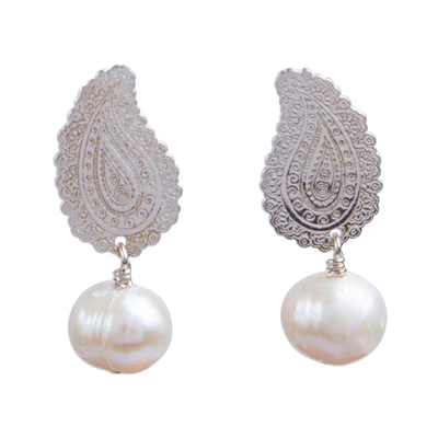 Aretes colgantes de perlas cultivadas - Aretes colgantes de Paisley con perlas cultivadas de México