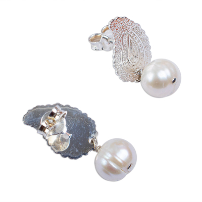 Aretes colgantes de perlas cultivadas - Aretes colgantes de Paisley con perlas cultivadas de México