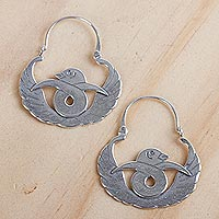 Sterling silver hoop earrings, 'Gracious Birds' - Bird-Themed Sterling Silver Hoop Earrings from Mexico