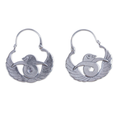 Sterling silver hoop earrings, 'Gracious Birds' - Bird-Themed Sterling Silver Hoop Earrings from Mexico