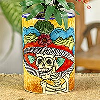 Ceramic vase, 'Brilliant Catrina' - Ceramic Catrina Vase Hand Painted in Mexico