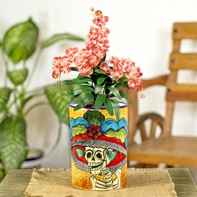Ceramic vase, 'Brilliant Catrina' - Ceramic Catrina Vase Hand Painted in Mexico