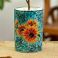 Ceramic vase, 'Brilliant Sunflower' - Sunflower Motif Ceramic Vase from Mexico