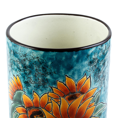 Ceramic vase, 'Brilliant Sunflower' - Sunflower Motif Ceramic Vase from Mexico