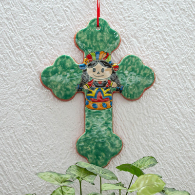 Ceramic wall cross, 'Faithful Doll' - Majolica Style Ceramic Wall Cross with Doll Motif