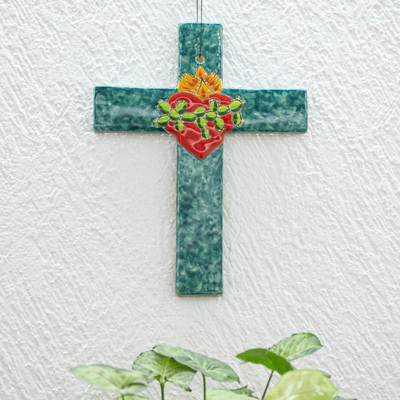 Ceramic wall cross, 'Heart of Faith' - Signed Colorful Ceramic Wall Cross from Mexico