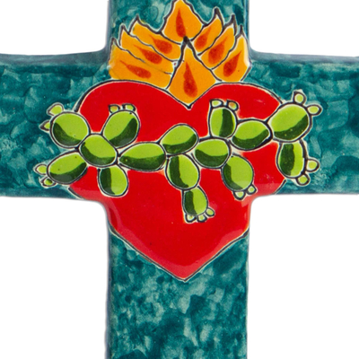 Ceramic wall cross, 'Heart of Faith' - Signed Colorful Ceramic Wall Cross from Mexico