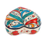Ceramic jewelry box, 'Flourishing Heart' - Handmade Heart Shaped Ceramic Jewelry Box