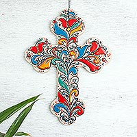 Ceramic wall cross, 'Flourishing Faith' (11 inch)