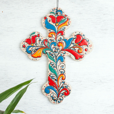 Ceramic wall cross, Flourishing Faith (11 inch)