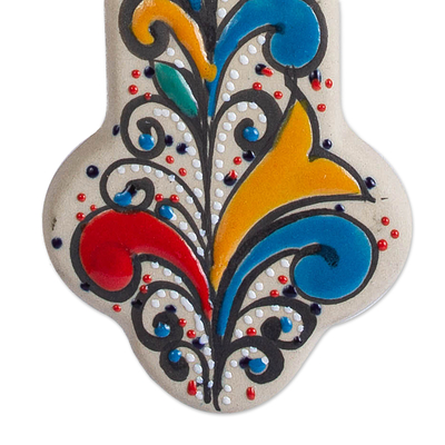Ceramic wall cross, 'Flourishing Faith' (8 inch) - Handmade Ceramic Wall Cross with Colorful Motifs (8 Inch)
