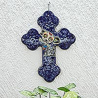 Ceramic wall cross, 'Catrina Pup' - Hand Painted Dog-Themed Ceramic Wall Cross