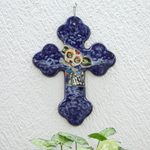 Ceramic wall cross, 'Catrina Pup' - Hand Painted Dog-Themed Ceramic Wall Cross